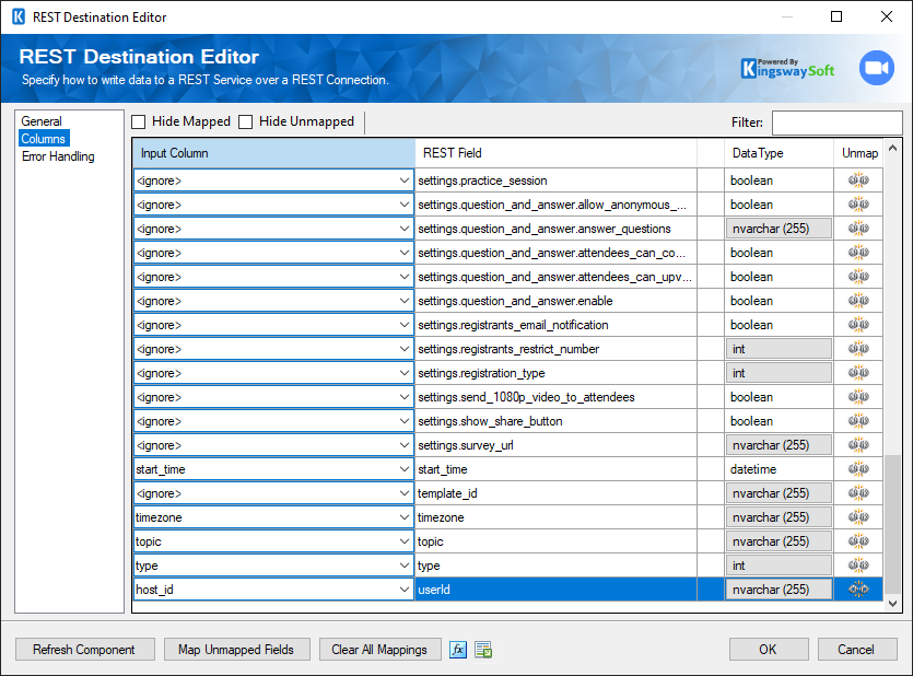 SSIS REST Zoom Destination - Columns